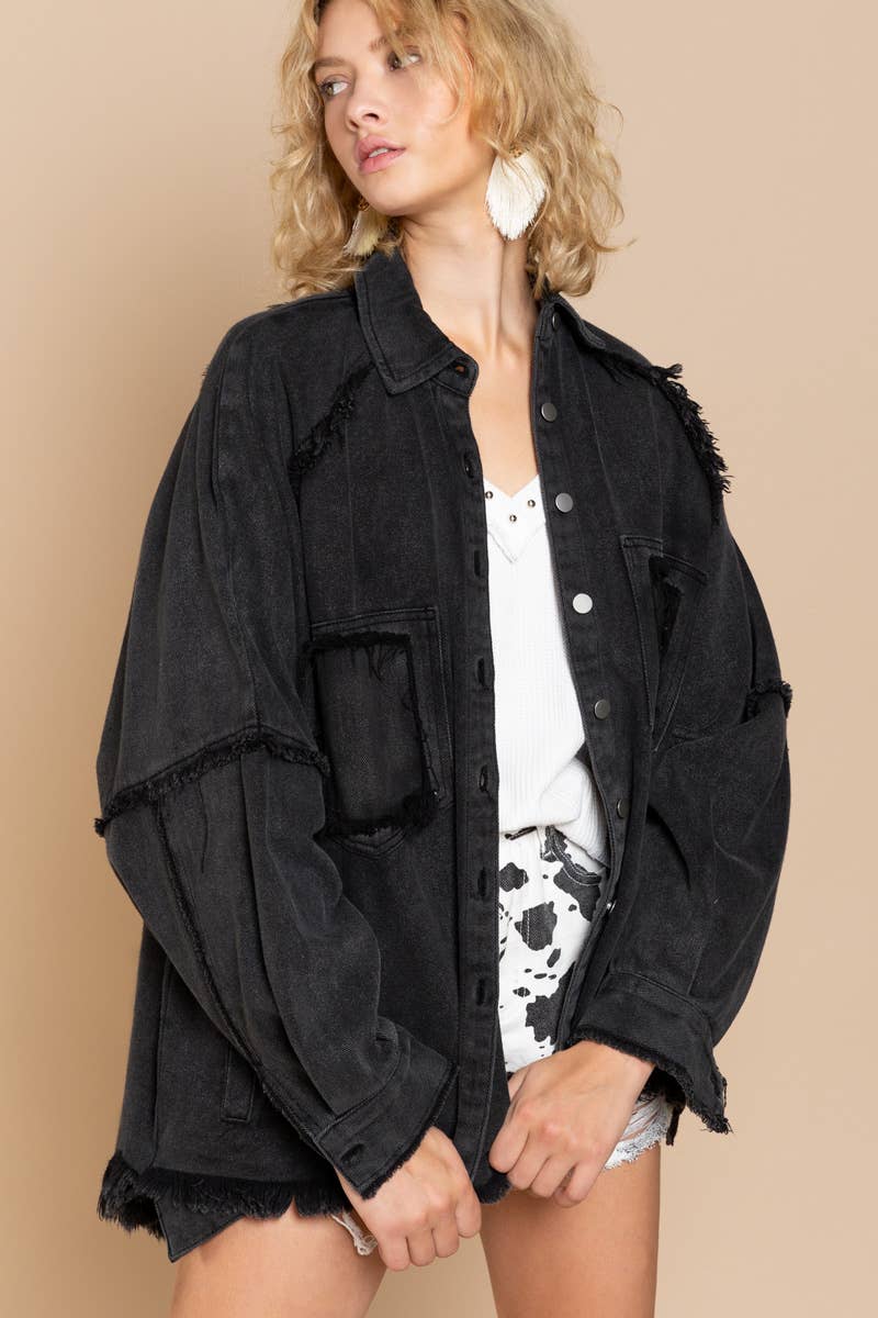 Oversized Twill Raglan Sleeve Jacket | BLACK