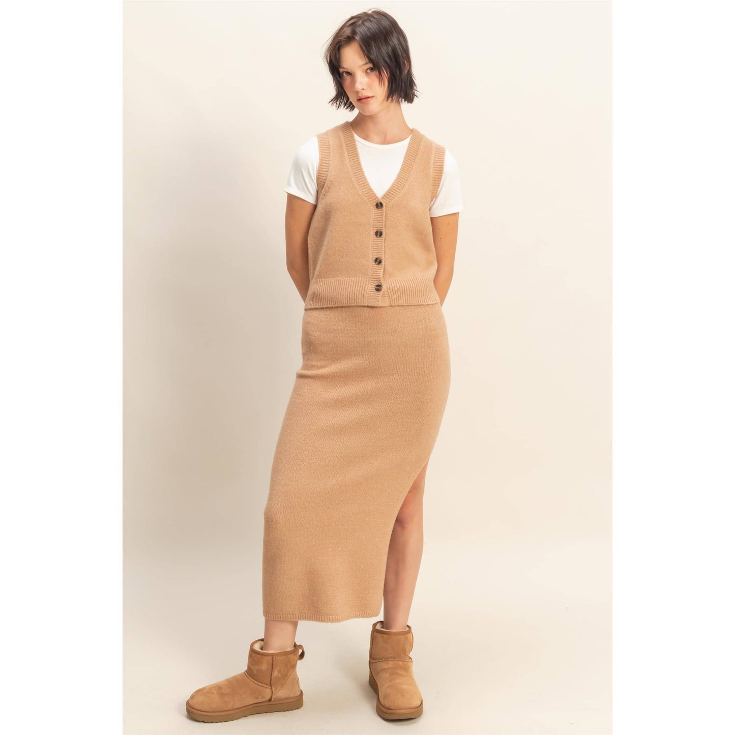 KNIT MIDI SKIRT | TAUPE