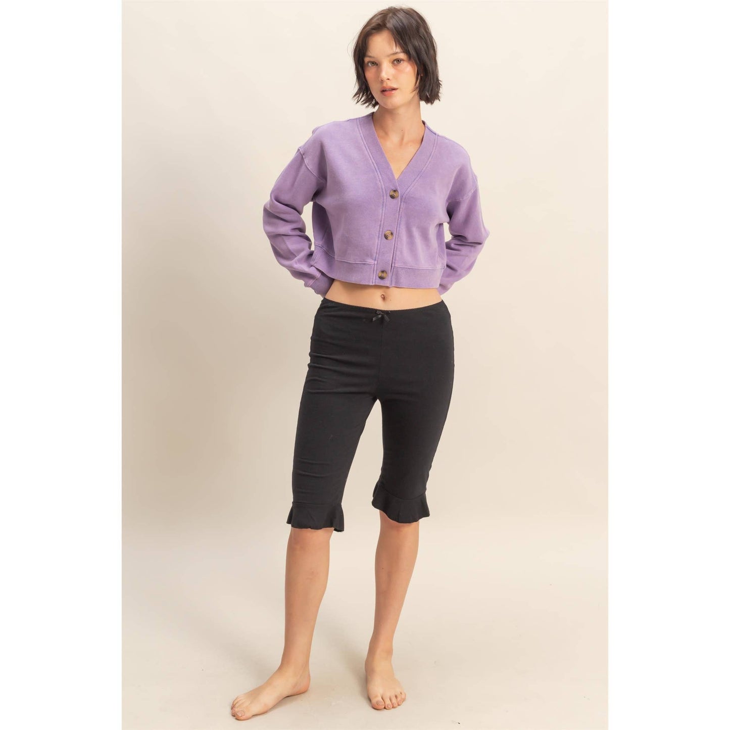 Washed French Terry Cropped Cardigan: DARK TAUPE