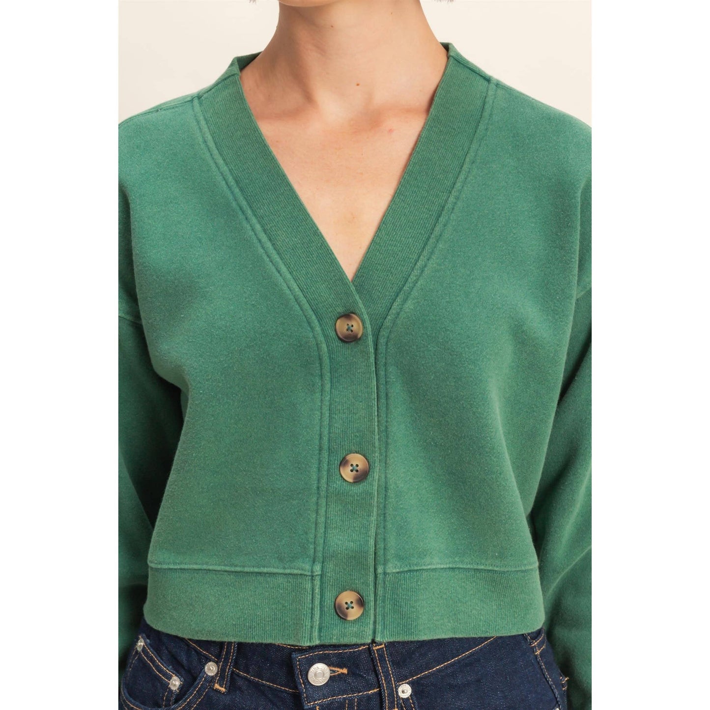Washed French Terry Cropped Cardigan: DARK TAUPE