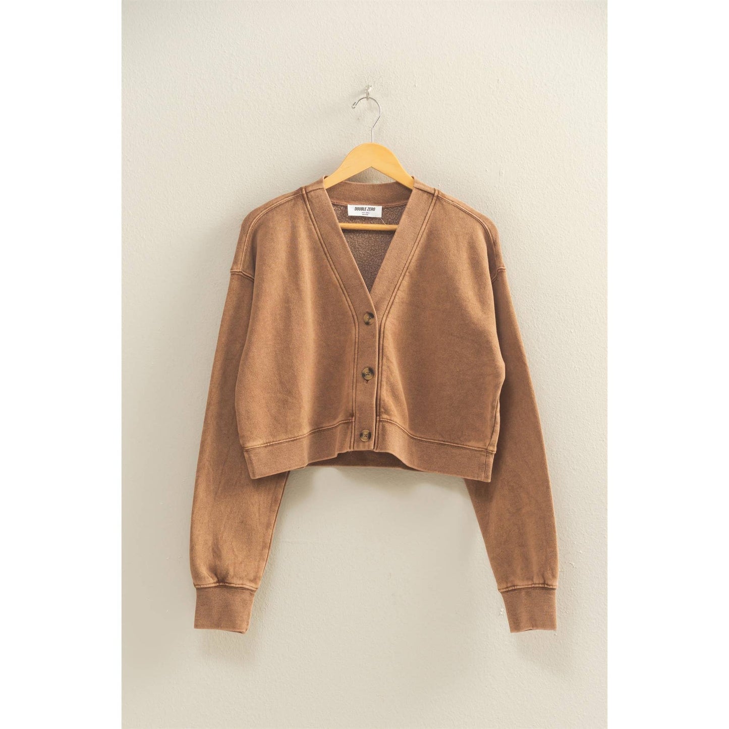 Washed French Terry Cropped Cardigan: DARK TAUPE