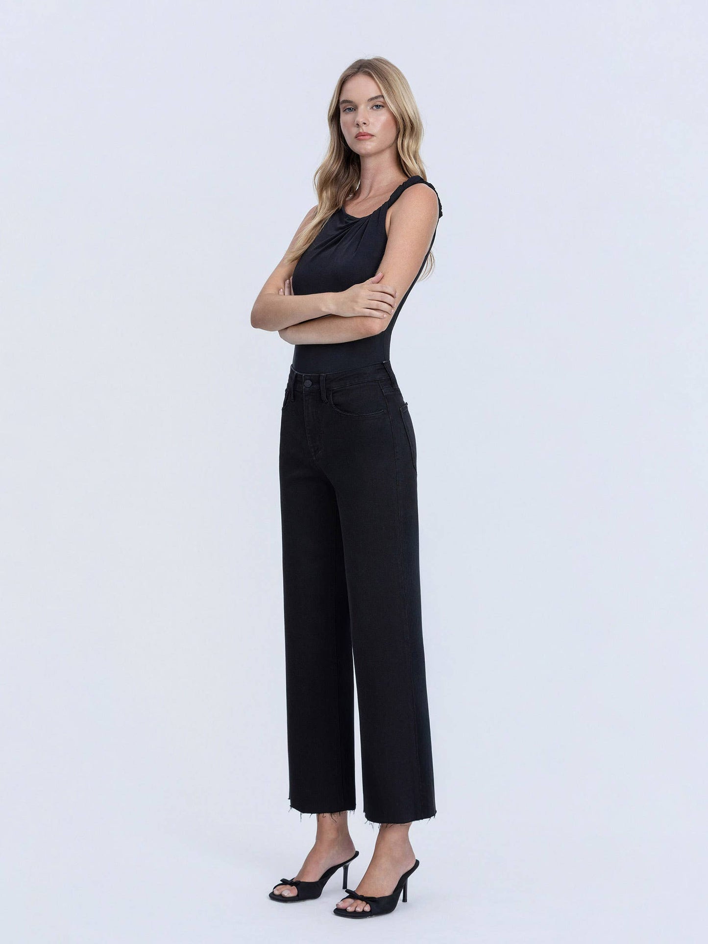 LOVERVET HIGH RISE RAW HEM CROP JET BLACK WIDE LEG JEANS.