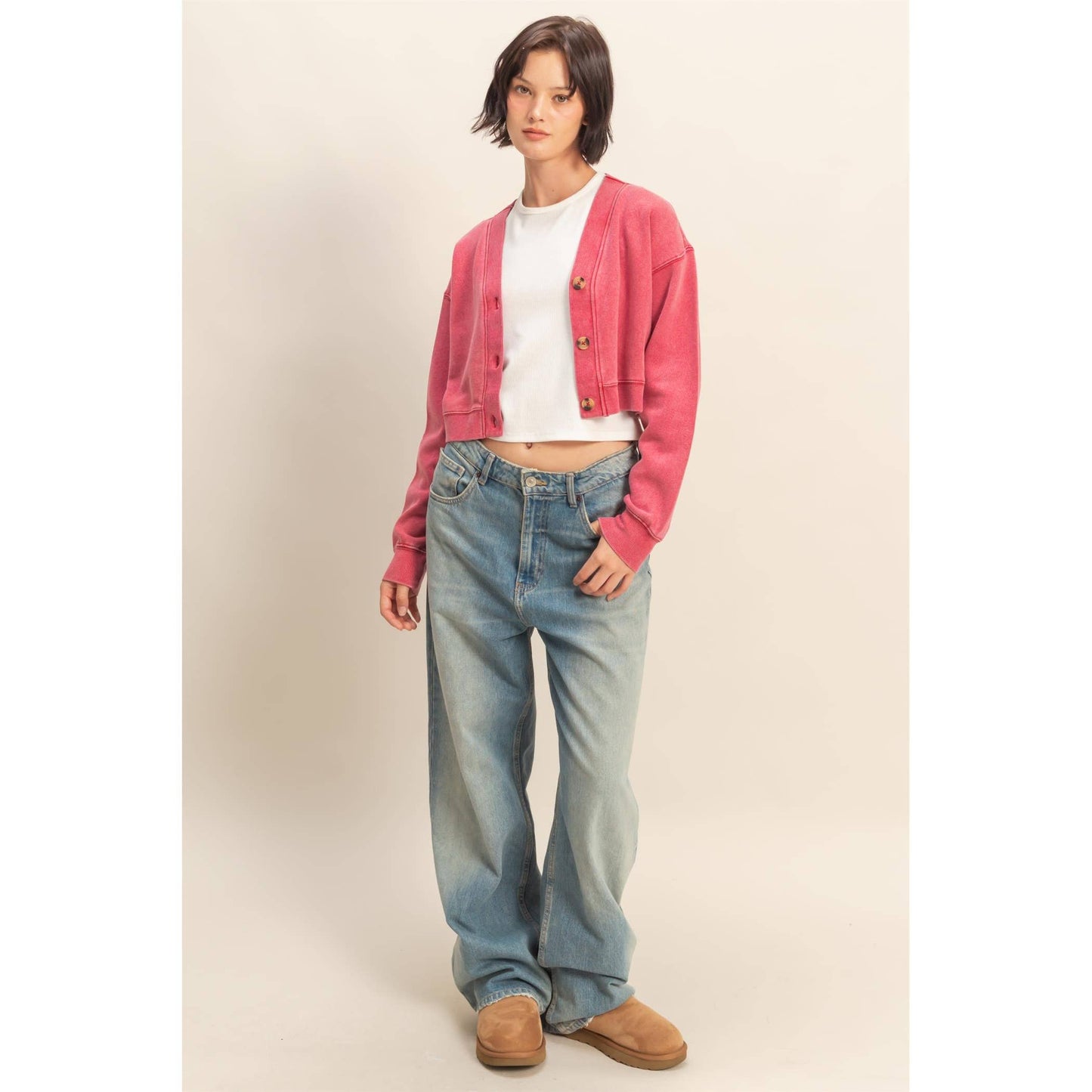 Washed French Terry Cropped Cardigan: DARK TAUPE