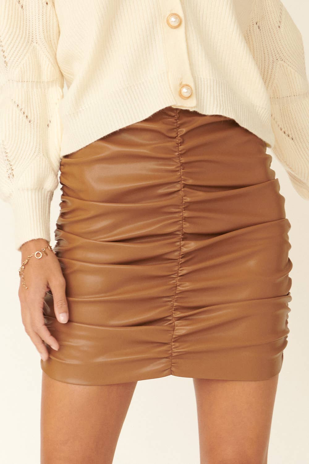 Faux Leather Ruched Mini Skirt | Camel