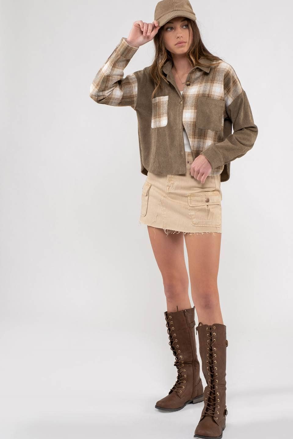 CONTRAST PLAID PATCHWORK BUTTON UP TOP | OLIVE