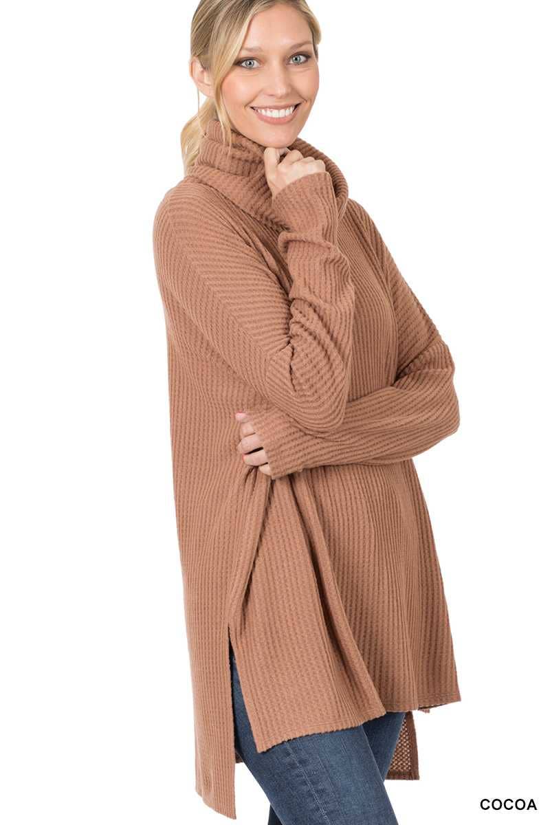 Brushed Thermal Waffle Cowl Neck Hi-low Sweater | COCOA