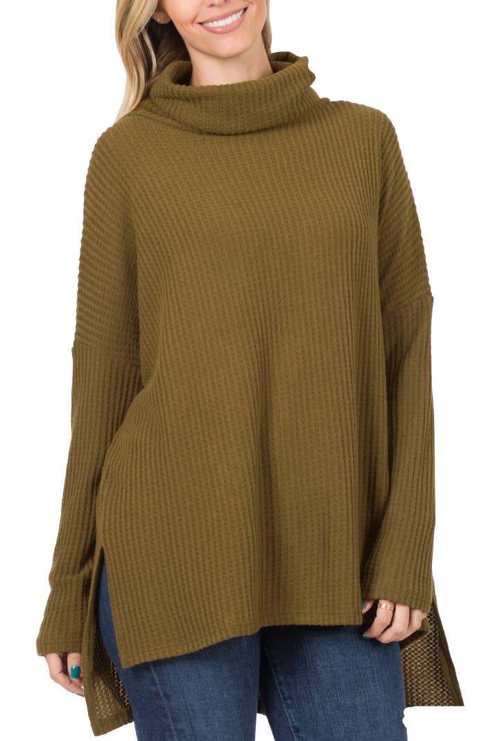 Brushed Thermal Waffle Cowl Neck Hi-low Sweater | DUSTY OLIVE