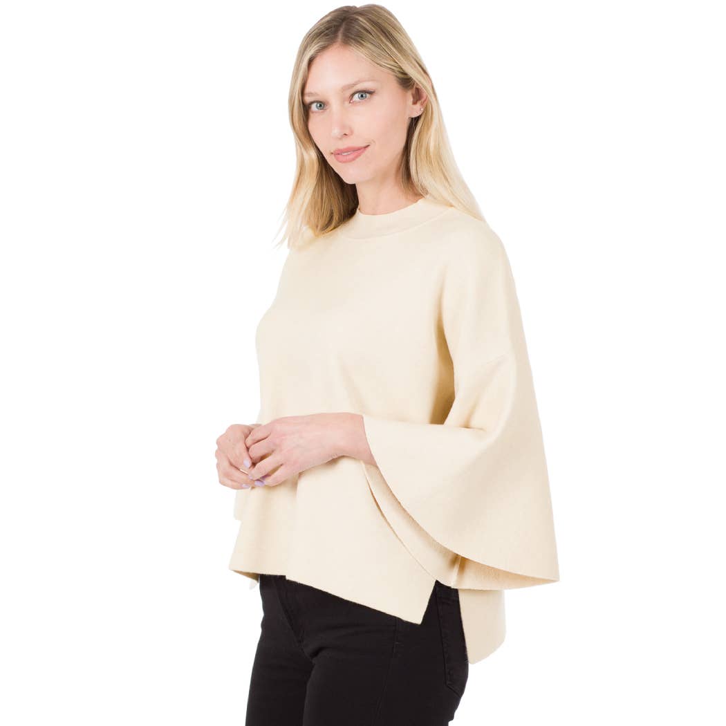 BELL SLEEVE MOCK NECK HIGH LOW SWEATER